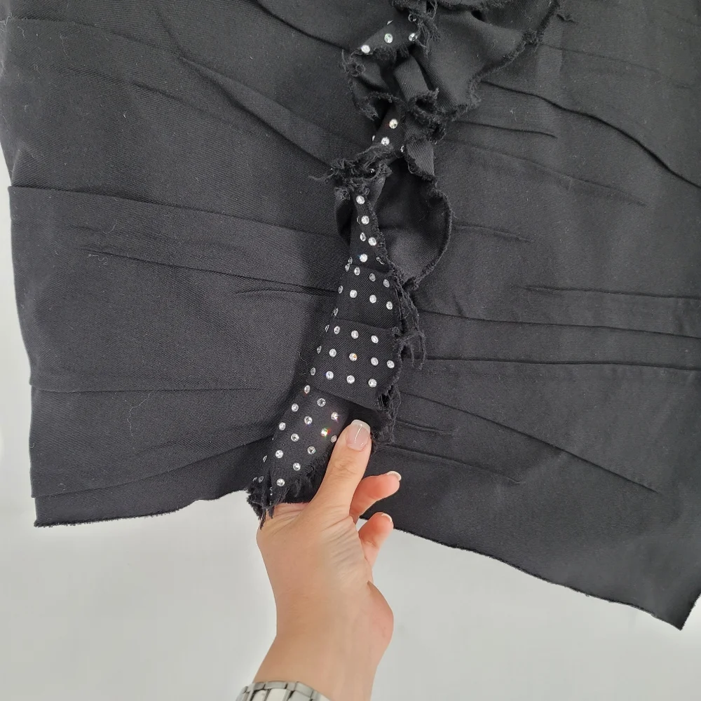 Saint Laurent Black Asymmetrical Wool Skirt Rhinestone Ruffles Size 40 US 8 - Picture 3 of 10